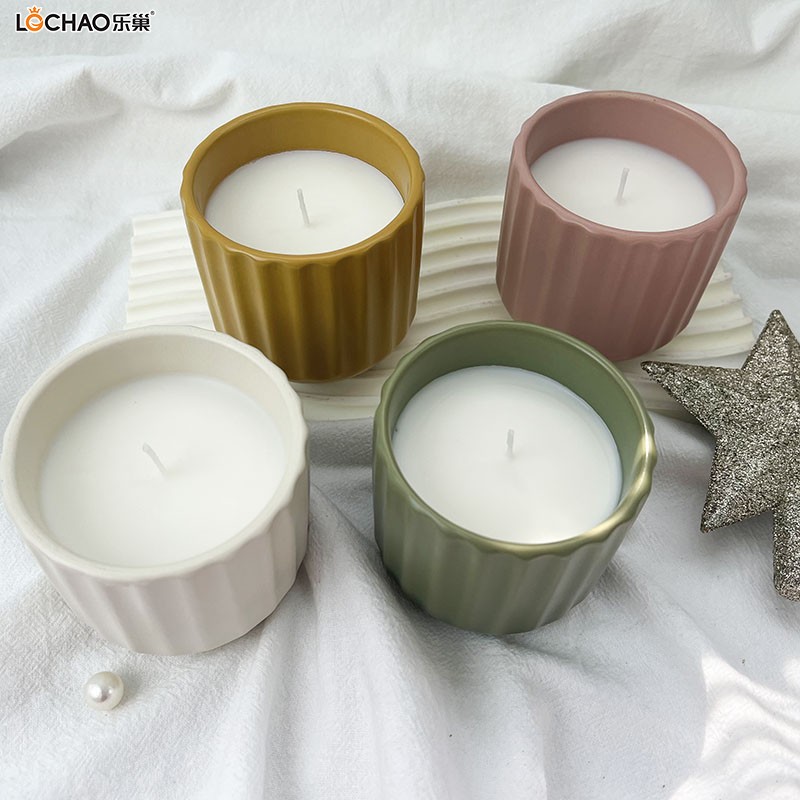 Multi-Color Vertical Striped Ceramic Cup Scented Candle