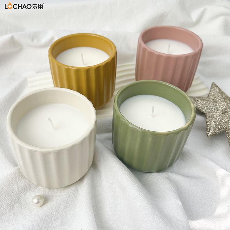Multi-Color Vertical Striped Ceramic Cup Scented Candle