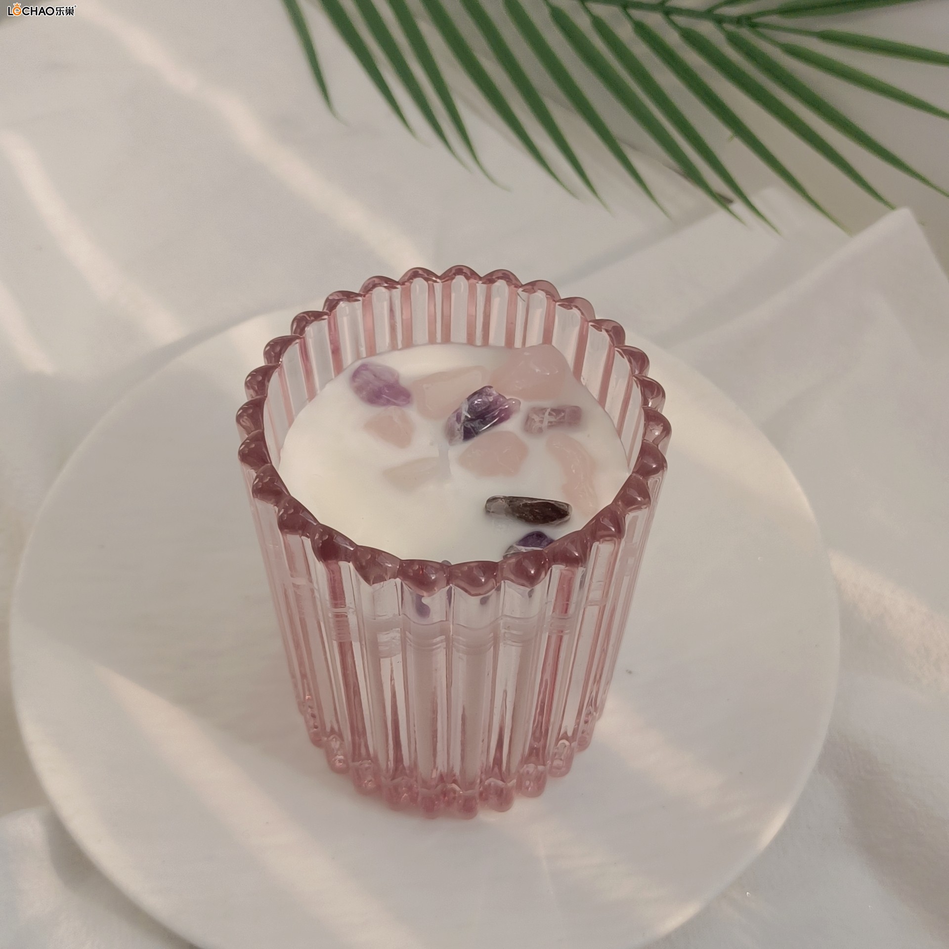 Purple Striped Glass Stone Scented Candle